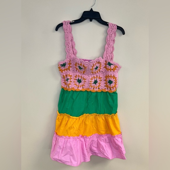 ASOS DESIGN crochet tiered mini sundress in color block - Picture 1 of 11